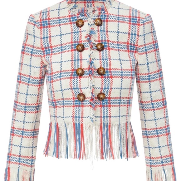 Veronica Beard Marlton White Blue Red Plaid Tweed Fringe Blazer Jacket Size 4 - Picture 5 of 16
